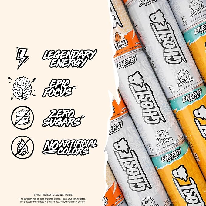 GHOST Energy Drink - 24-Pack, Orange Cream, 8.4oz - Energy & Focus & No Artificial Colors - 100mg of Natural Caffeine, L-Carnitine & Taurine - Gluten-Free & Vegan