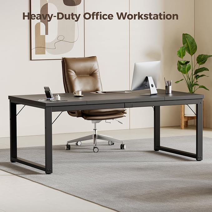 Mericonia 63 Inch Computer Desk with Power Outlets, 1.2" Thick Office Table | Modern Simple Style, Heavy Duty Industrial Frame, Large Study & Writing Table for Home Bedroom Work, Black