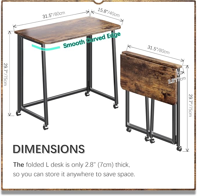 4NM 31.5" Mobile Small Folding Desk, Foldable Rolling Computer Home Office Desk, Study Writing Table for Small Space Saving Bedroom, with Wheels - Rustic Brown and Black