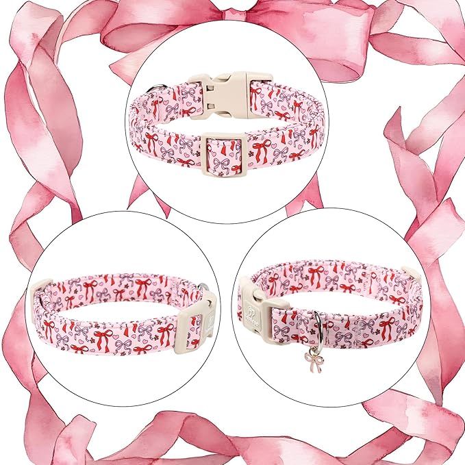 Girl Dog Collar for Medium Dogs - Cute Heart Bow Print Girly Dog Collars, Soft Adjustable Spring/Summer Holiday Female Dogs Collar with Quick-Release Buckle M