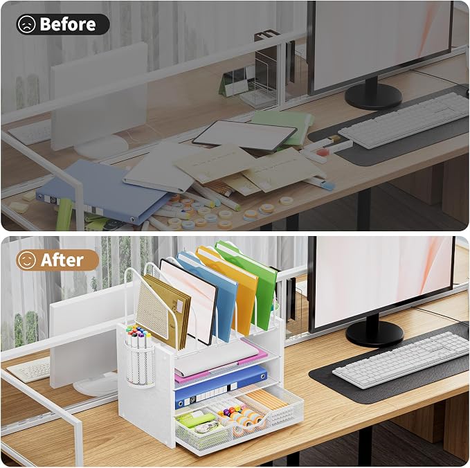 Marbrasse Desk organizer with Drawer, 4-Tier Wooden File Organizer with 5 Vertical File Holders and 2 Pen Holders, Desk Organizers and Accessories for Home Office - White