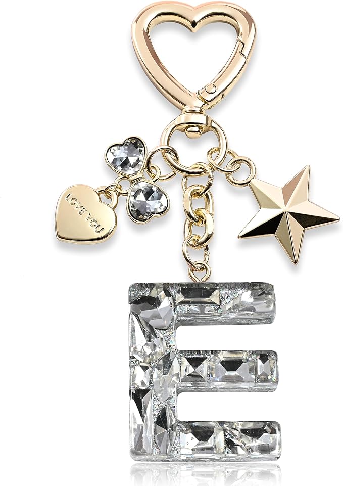 Cute Bling Keychain initial Letter Butterfly Star Pink Purple Gift for Women Girls Bag Cup Charms Accessories