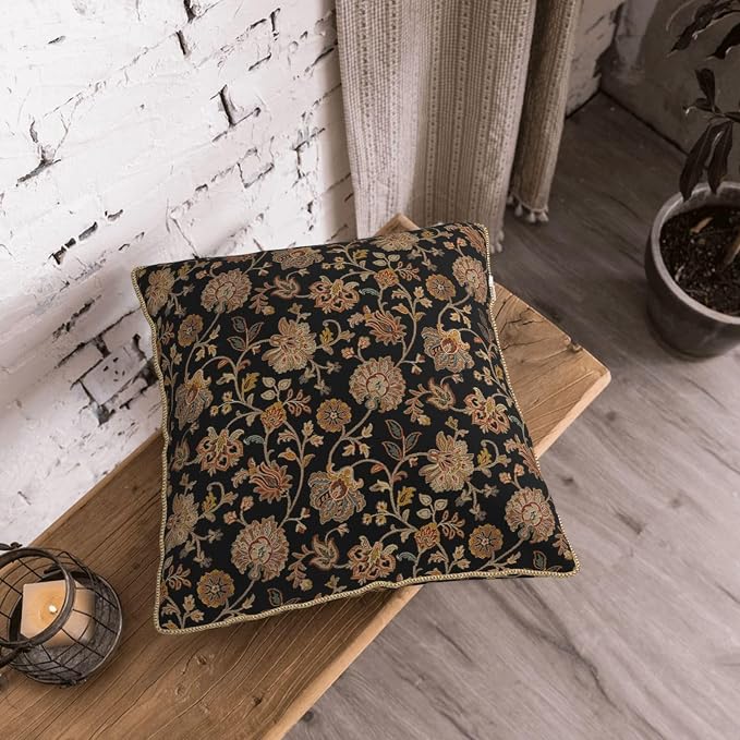 Vintage Tapestry Velvet Pillow Covers 20x20 In Black Brown Bohemian Boho Carpet Throw Pillows for Couch Soft Cushion Covers Rustic Retro Rug Pillow Cases for Sofa Bed Living Room Outdoor Pillowcase