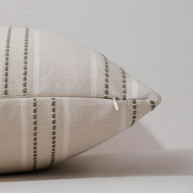 Hckot Stripe Throw Pillow Covers 12x24 Lumbar Sage Green Pillow Covers | Farmhouse Decorative Pillows Textured Linen Cushion Covers for Sofa Couch Bed Living Room Decor