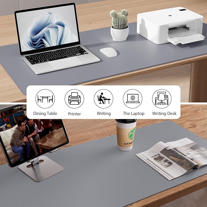 Aothia Leather Desk Pad Protector, Mouse Pad, Office Desk Mat, Non-Slip PU Leather Desk Blotter, Laptop Desk Pad, Waterproof Desk Writing Pad for Office and Home (48"x17", Light Grey)