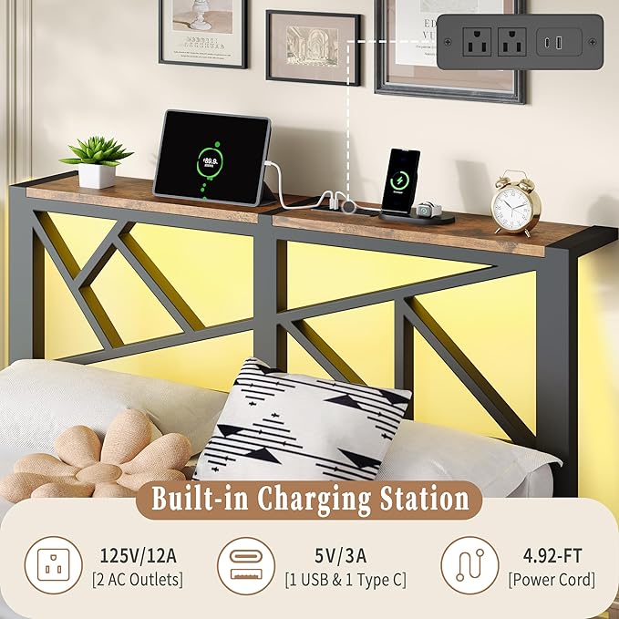 Queen Size Black Metal Bed Frame with USB Charging Station, LED Ambient Lighting, and Wooden Storage Headboard - Includes Under-Bed Storage, No Box Spring Needed, Noise Free, Easy Assembly