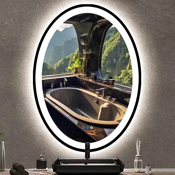 THEKLA 24 x 36 inch Black Frame Oval LED Mirror for Bathroom Salon Wall Mount 36 inch Black Framed Oval Lighted Vanity Mirror with Lights Smart Set Memory 3 Color Dimmable Front Light Anti-Fog