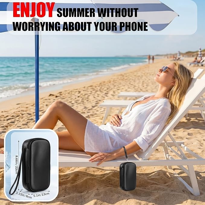Phone Cooler Bag for Beach, Portable Phone Cooling Pouch with 2 Reusable Ice Packs, Keeps Cool in Extreme Heat for Car Pool Hiking, Extends Battery Life, Fits All Smartphones(Black,PU)