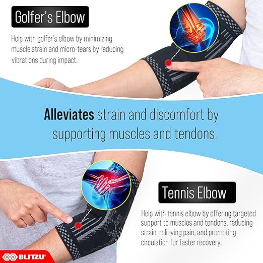 BLITZU Elbow Compression Sleeve for Tendonitis 2 Pack, Tennis Elbow Brace Support for Men and Women Golfers Elbow Pain Relief, Arthritis, Bursitis, Arm Brace for Workout, Weightlifting Black M