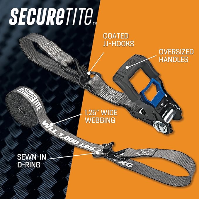 Secure Tite Ratchet Straps, Ratcheting Tie Down Strap with Hooks - 1-1/4” x 16’ Truck Tie Down Straps – Vinyl Double J-Hooks, 1000 lbs. Working Load Limit, 3000 lbs. Break Strength (Pack of 16)