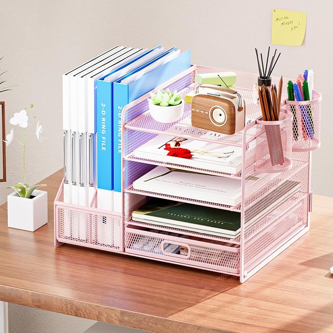 Marbrasse Desk Organizer with File Holder, 5-Tier Paper Letter Tray Organizer with Drawer and 2 Pen Holder, Mesh Desktop Organizer and Storage with Magazine Holder for Office Supplies(Pink)