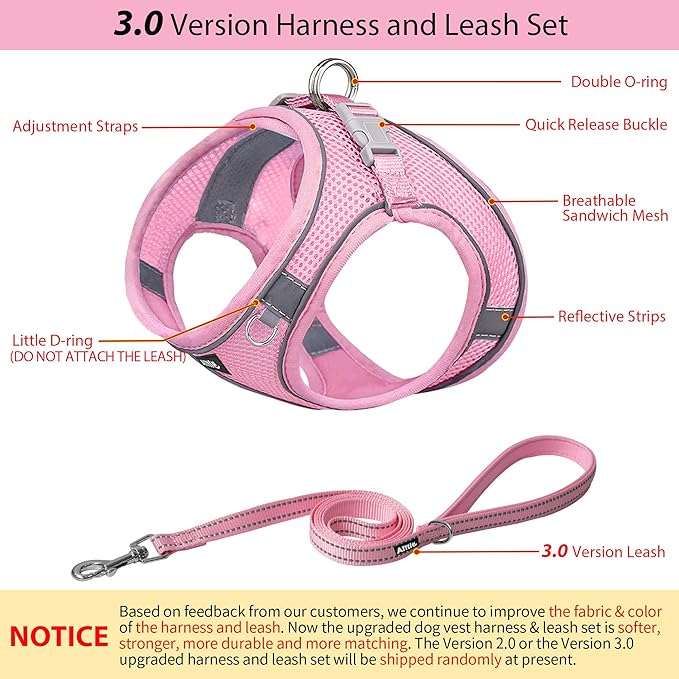 AIITLE Dog Harness, No-Pull Cat Harness with a Leash, Adjustable Reflective Dog Vest, Cat Harness Escape Proof, Outdoor Walking, Running,Training for Extra Small Dogs and House Cats Pure Pink XXXS
