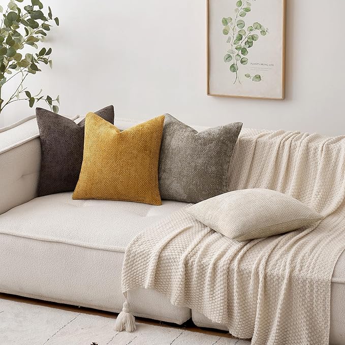MIULEE Decorative Couch Throw Pillow Covers 16x16 in Mustard Yellow 2 Pack | Modern Boho Accent, Soft Chenille Pillow Covers, Farmhouse Cushion Cases for Home Decor Bed Sofa Living Room