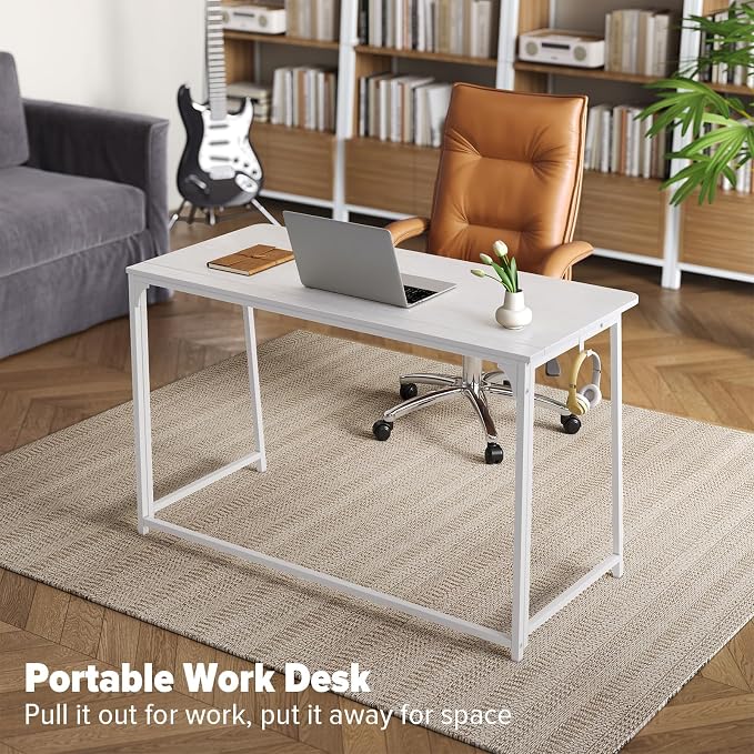 WOHOMO Folding Desk, 47.2" Foldable Computer Desk for Bedroom, Space Saving Computer Table Writing Workstation for Home Office, Easy Assembly, White | Easy Assembly and Fold, Sturdy Home office desks for Study Bedroom Dorm Space Saving Writing Work Apa...