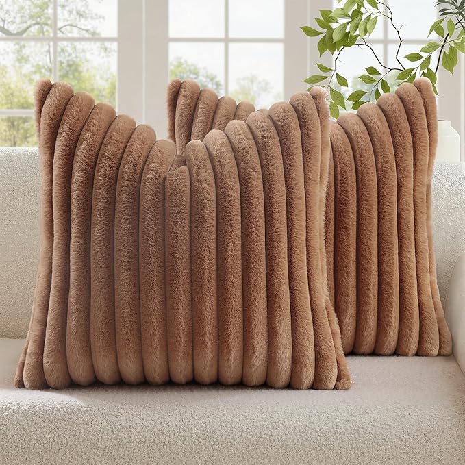 decorUhome Fall Faux Fur Throw Pillow Covers 20x20 Set of 2 Brown | Decorative Soft Cozy Striped Plush Modern Farmhouse Boho Couch Pillow Cases Velvet Back for Sofa Bed Living Room Home Decor