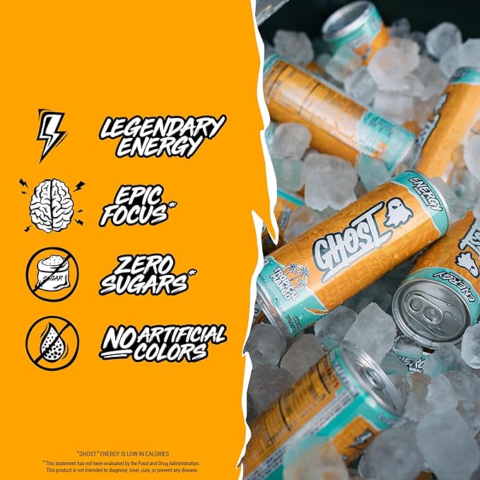 GHOST Energy Drink - 24-Pack, Tropical Mango, 8.4oz - Energy & Focus & No Artificial Colors - 100mg of Natural Caffeine, L-Carnitine & Taurine - Gluten-Free & Vegan