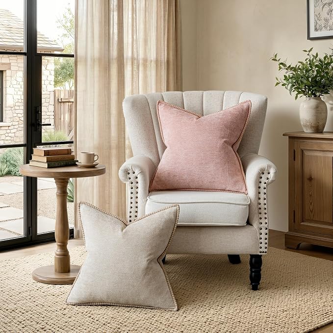 a moment Pack of 2 Decorative Chenille Throw Pillow Covers with Twill Cushion Covers for Sofa Living Room Couch Bed 18x18 Inch,Crafted Border Blush Pink