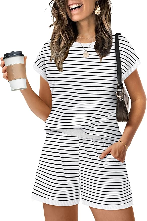 WIHOLL Two Piece Sets for Women Summer Lounge Short Sets Cap Sleeve Crew Neck Sweatsuit with Pocket XS-2XL