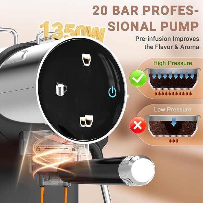 Ollygrin 20 Bar Espresso Coffee Machine, Semi-Automatic Espresso Machine with Touch Panel, 1350W Espresso Maker with Steam Wand, Removable Drip Tray & Water Tank, Modern Design for Latte & Cappuccino