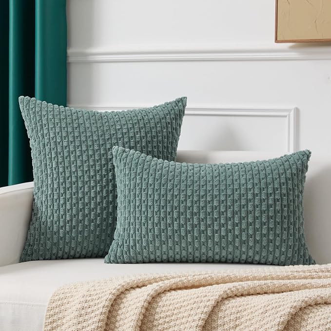 Kevin Textile Soft Corduroy 14"x22" Lumbar Pillow Cover 1 Pack, Teal Green | Boho Stripe Plush Corduroy Decorative Oblong Cushion Cover Modern Farmhouse Home Decor for Sofa Couch Bed Chair