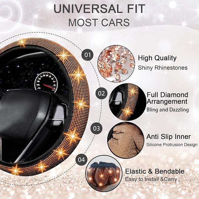 NBTEPEM 27 PCs Orange Bling Car Accessories Set for Women, Steering Wheel Covers Universal Fit 15 Inch, Bling License Plate Frame, Bling Phone Holder, Bling Car Coasters (Orange Diamond)