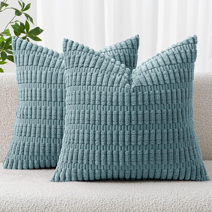 MIULEE Pack of 2 Corduroy Decorative Throw Pillow Covers 18x18 Inch Soft Boho Striped Pillow Covers Modern Farmhouse Home Decor for Summer Coastal Sofa Living Room Couch Bed Coastal Blue