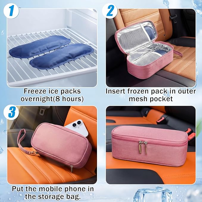 Phone Cooler Bag for Beach, Portable Phone Cooling Pouch with 2 Reusable Ice Packs, Keeps Cool in Extreme Heat for Car Pool Hiking, Extends Battery Life, Fits All Smartphones(Pink,Fabric)