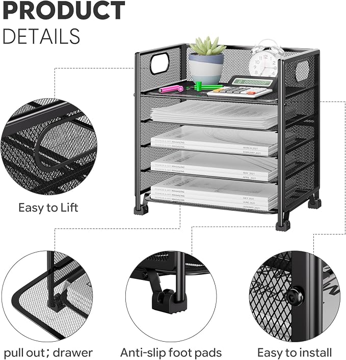 Simple Trending 5-Tier Paper Tray Organizer, File Organizer for Desk, Black | Letter Tray Holder with Handle. Sturdy Metal Frame. Non-slip Feet. Black for Office Home School. 13.25"L x 9.25"W x 13"H