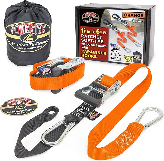 PowerTye 1.5in x 6.5ft Heavy Duty Ratchet Tie-Down Straps with Soft-Tye, Carabiner Hooks - 1,000 lb Working Load Limit / 3,000 lb Breaking Strength - Made in USA - Orange/Black Pair + Storage Bag