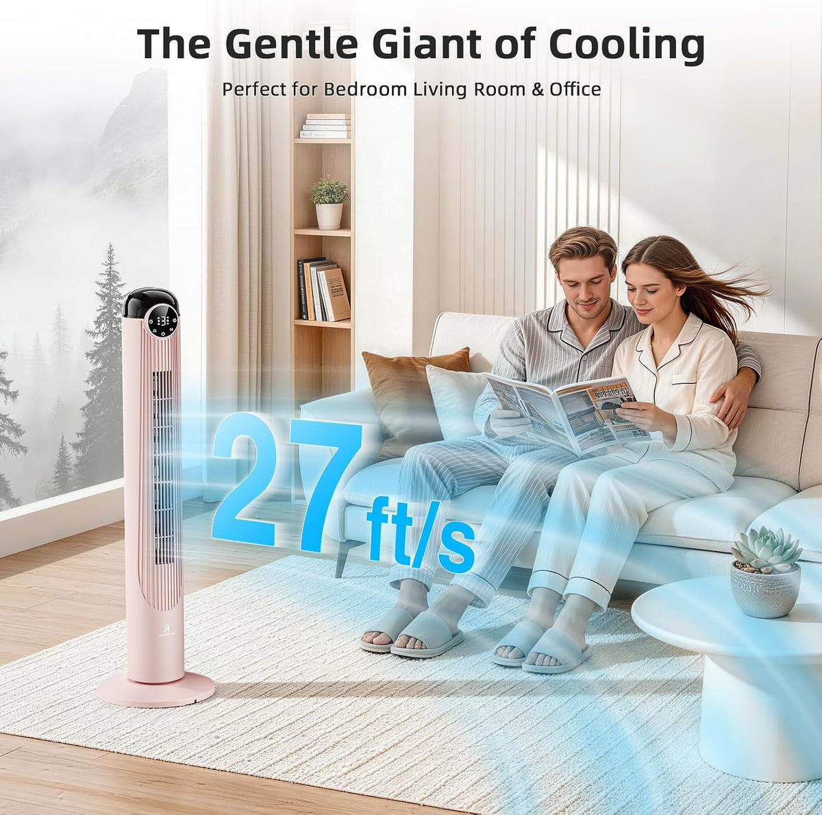 Antarctic Star T42 Tower Fan, 42 Inch Bladeless Oscillating Fan with Remote, 6 Speeds & 4 Modes, LED Display, 9H Timer, Quiet Floor Standing Fan for Bedroom Living Room Office, Pink