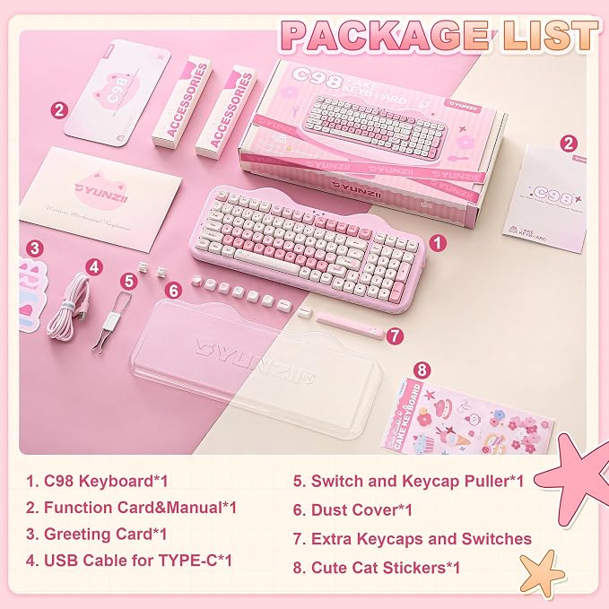 YUNZII C98 Cute Cake Wireless Mechanical Keyboard (Pink, Milk Switch) | 99 Keys with Number Pad, Hot Swap, PBT MOA Keycaps, BT5.0/2.4G/USB-C, Gasket Mount, Custom RGB Backlit for Win/Mac