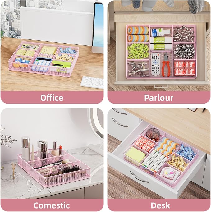 Marbrasse Pink Desk Drawer Organizer, Metal Mesh Drawer Organizer Tray with 5 Adjustable Compartments,Desk Organizers and Accessories for Home,Office,Kitchen,Makeup,Vanity (Pink)