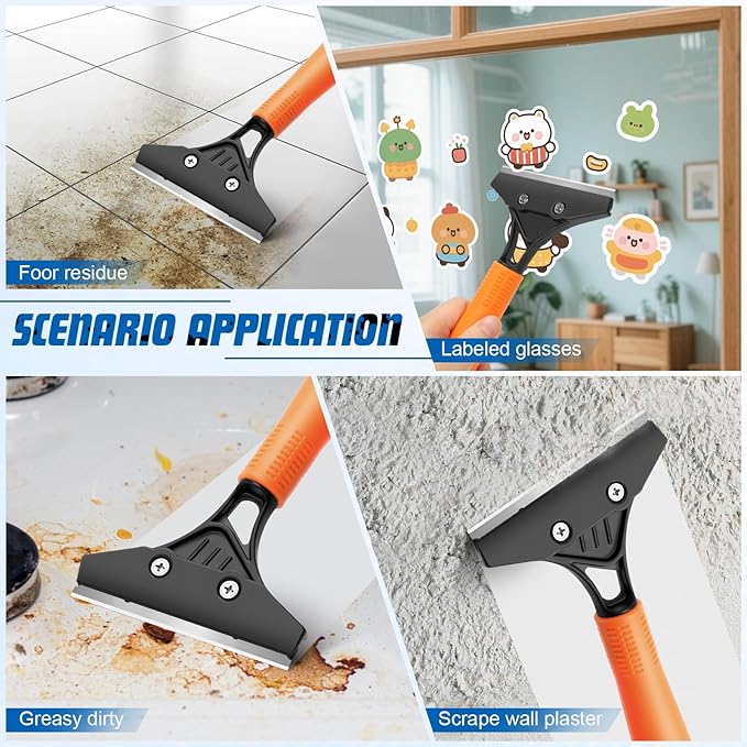 Razor Blade Floor Scraper with Long Handle, 4 Inch Floor Scraper Tools Heavy Duty with 10PCS Extra Metal Blades,Paint Scrapers for Cleaning Wall Glass Floor Paint Gum Stains Stickers Linoleum