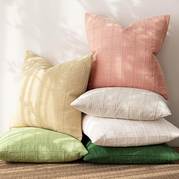 Foindtower Set of 2 Decorative Linen Check Throw Pillow Covers Neutral Farmhouse Vintage Cushion Covers Cozy Modern Boho Accent Home Decor for Sofa Chair Couch Bed Living Room,14×36 Inch,Coral Pink