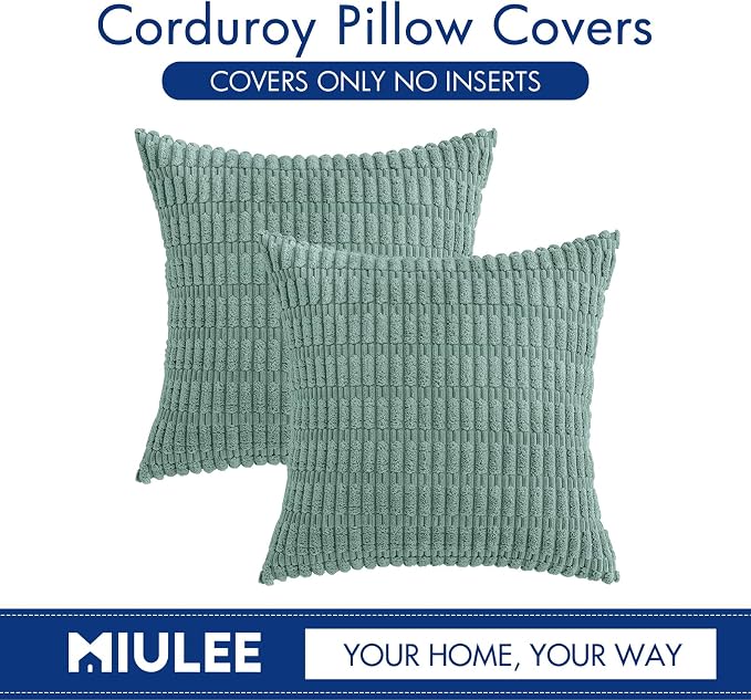 MIULEE Pack of 2 Corduroy Decorative Throw Pillow Covers 16x16 Inch Soft Boho Striped Pillow Covers Modern Farmhouse Home Decor for Summer Sofa Living Room Couch Bed Teal Green