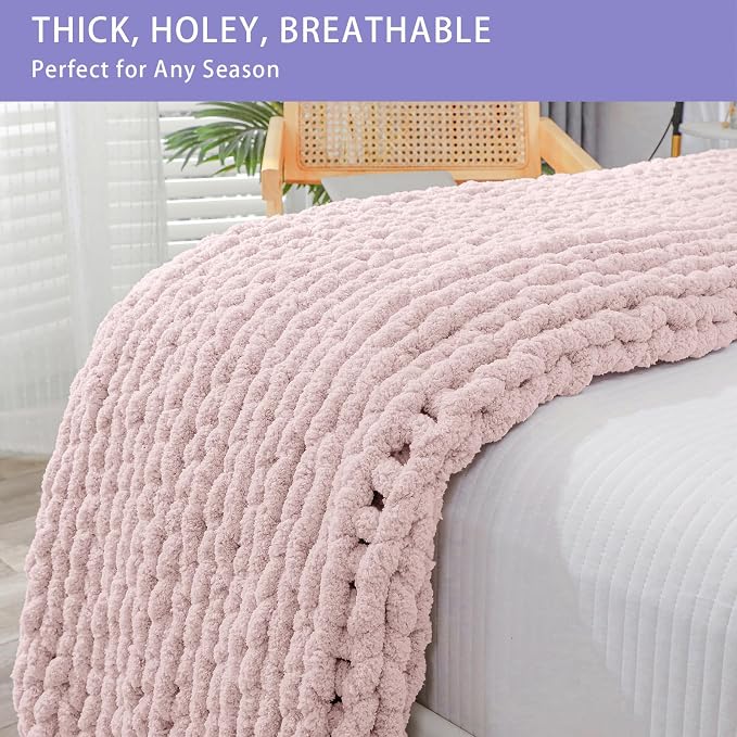 Bigacogo Chunky Knit Throw Blanket for Couch, 40x40 inches, Rose Tan | Hand Knit with Jumbo Chenille, Soft Breathable Cable Knit for Sofa Bed Living Room, Machine Washable, Gift for Mom Friend