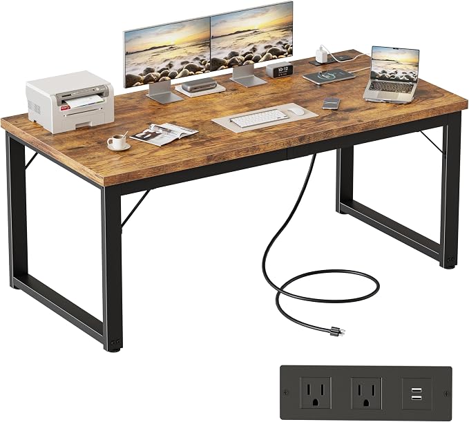 Mericonia 54 Inch Computer Desk with Power Outlets, 1.2" Thick Office Table | Modern Simple Style, Heavy Duty Industrial Frame, Study & Writing Table for Home Bedroom Work, Brown