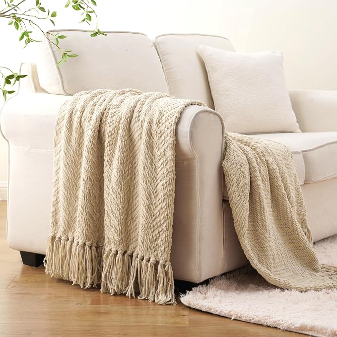 BATTILO HOME Beige Throw Blanket for Couch, Knitted Beige Throw for Bed, Neutral Throw Blankets Tan Throw Blanket for Room Decor Housewarming Gifts, 50" x 60" | Knitted Beige Blanket for Bed, Neutral Throw Blanket Warm Decorative Tan Throw Blankets for...