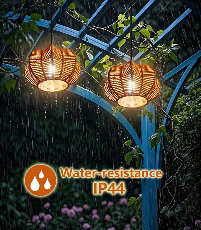 Battery Operated Chandelier Outdoor Waterproof, Gazebo Lights Battery Powered, Boho Rattan Hanging Pendant Light for Porch, Patio, Pergola, Garden, Balcony (2 Pack)