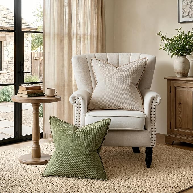 a moment Pack of 2 Decorative Chenille Throw Pillow Covers with Twill Cushion Covers for Sofa Living Room Couch Bed 16x16 Inch,Crafted Border Beige