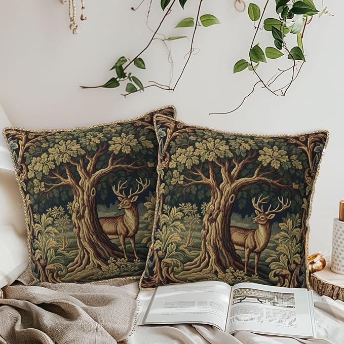 Vintage Green Deer Tree Velvet Pillow Covers 18x18 Inch Retro Reindeer Forest Throw Pillows for Couch Cushion Covers Pillowcase Boho Animal Farmhouse Pillow Cases for Sofa Bed Bedroom