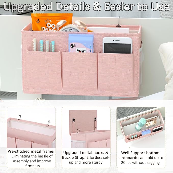 Dual-purpose Bedside Caddy Bedside Organizer, Bed Caddy with 6 Pockets, Versatile Bedside Storage Solution Magazine Remotes holder, ideal for Home, Dorm, Hospital, Crib Bed (Pink)