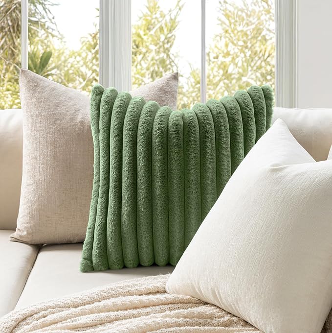 MIULEE Faux Fur Lumbar Throw Pillow Covers 12x20 Set of 2 Moss Green | Modern Soft Plush Couch Pillows, Cozy Fluffy Cushion Covers for Sofa Bed Living Room Home Decor