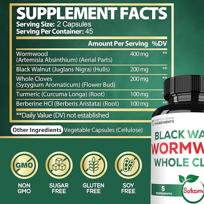 Satoomi 5 in 1 Wormwood Capsules Supplement - with Black Walnut Cloves Turmeric and Berberine HCl - 90 Capsules - Immune System & Digestion Health