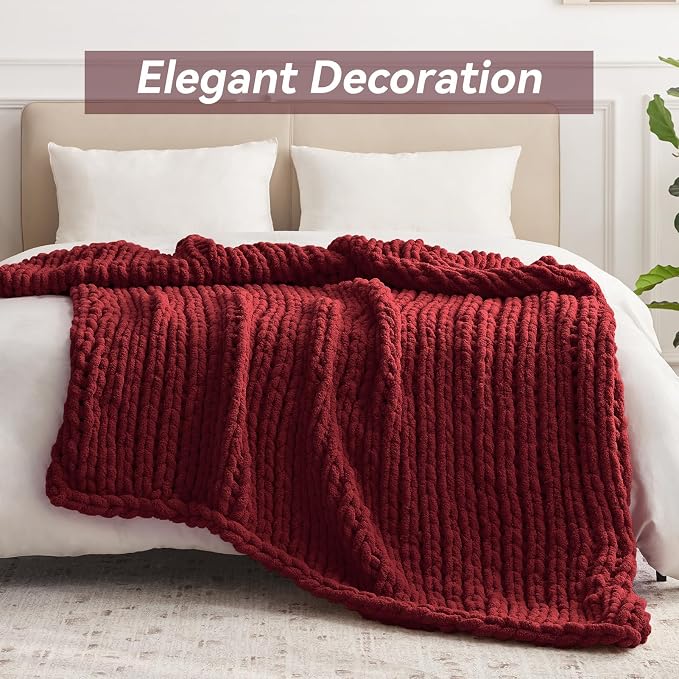 Negwoo Chunky Knit Throw Blanket, Knitted Throw Chenille Yarn, 40"*50" | Soft Thick Cable Knitted Blankets, Handmade Big Thick Blanket, Machine Washable Cute Comfy Blanket for Home Decor, Red