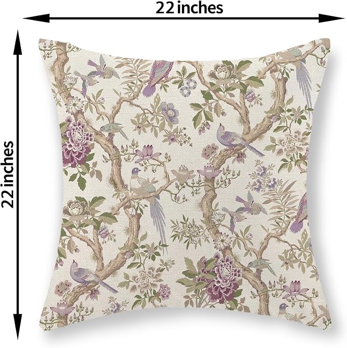 Chinoiserie Pillow Covers 22x22 Set of 2 Purple Green Floral Bird Throw Pillows Vintage Flowers Bird Decorative Pillow Cases Outdoor Chinoiserie Decor Farmhouse Cushion Case for Couch Sofa