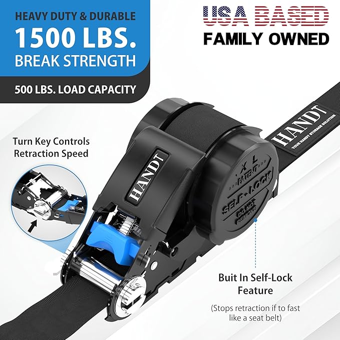 USA Based Retractable Ratchet Straps (2PK) 1in x 16ft - 1,500lb Break Strength, Heavy Duty Automatic Ratchet Straps Self Retractable Tie Down, Push Button Retracting Truck Trailer Cargo | Black
