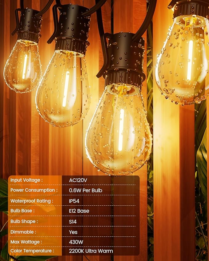 Torkase Outdoor String Lights 120FT S14 Patio Light 30+2 S14 Edison Bulbs 2200K Waterproof Connectable Dimmable Hanging Lights for Cafe Deck Party