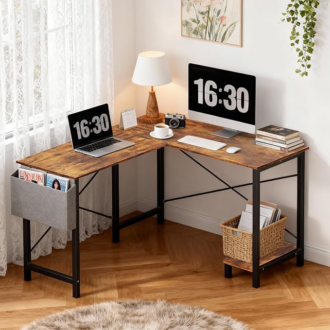 OLIXIS L Shaped Desk, 50-Inch Office Computer Gaming Desks Corner PC Table with Side Bag and Reversible Shelf for Home Work Study Writing Rustic Brown | Side Bag, Reversible Shelf, Home Work Study Writing, PC Workstation, Easy Assembly, Rustic Brown
