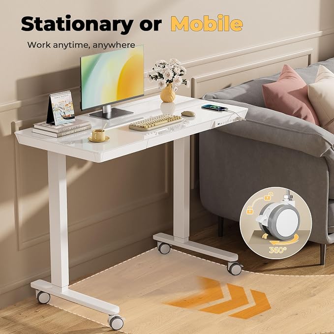 40" Glass Standing Desk with Drawer, Electric Stand up Desk | Height Adjustable Desk with One-Piece Tabletop & USB Charging Ports, Sit Stand Desk with Storage for Home Office, White